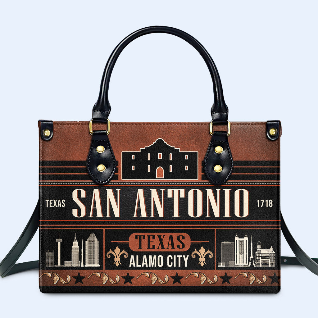 custom leather backpack purse in texas San Antonio Alamo City - Personalized Custom Leather Handbag, All Over Print