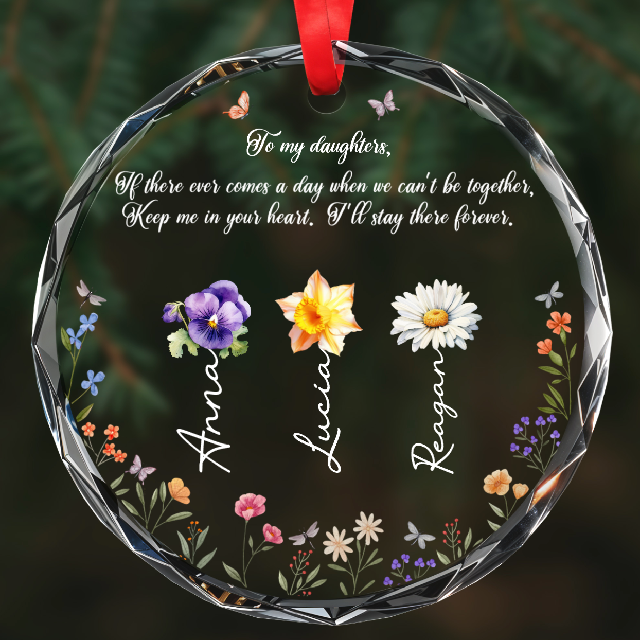 Heartfelt Message To Granddaughter With Flowers and Butterflies - Personalized Custom Circle Glass Ornament - GDT057_CGOR