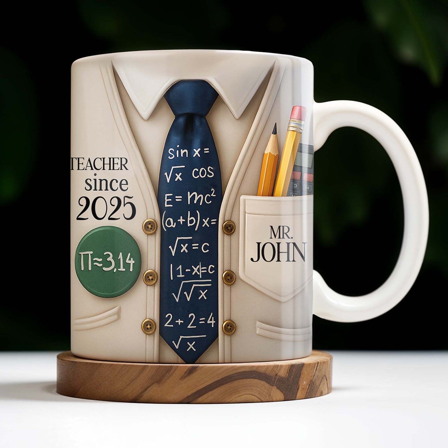 Teacher Since 2025, Pi=3.14 Necktie, Shirt, Pencil, Brush, Mathematical Equations