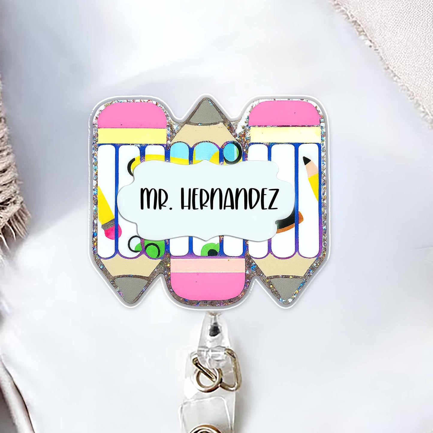 Personalized Teacher Badge Reel With Essential Stationery Design