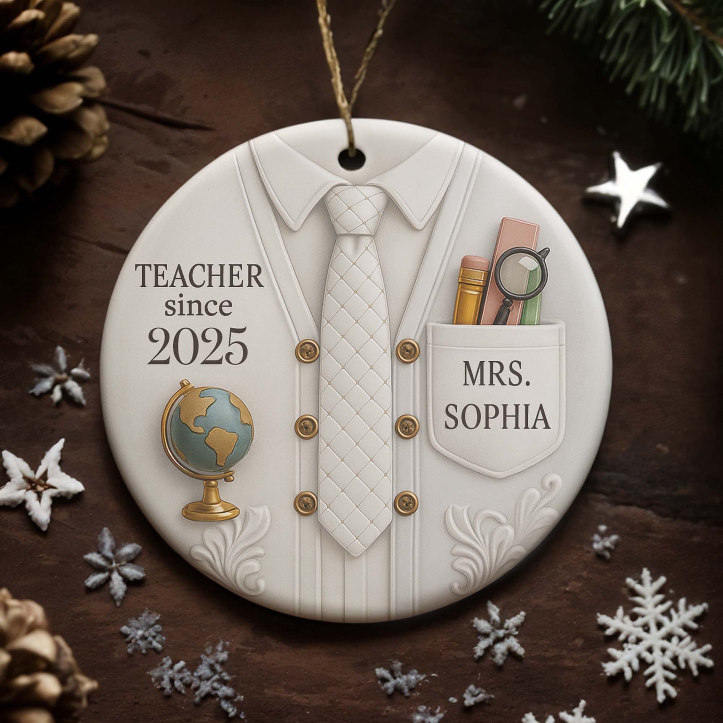 Teacher Since, Shirt and Tie Design - Personalized Custom Ceramic Ornament With Round Shape - TEACH029_RCE