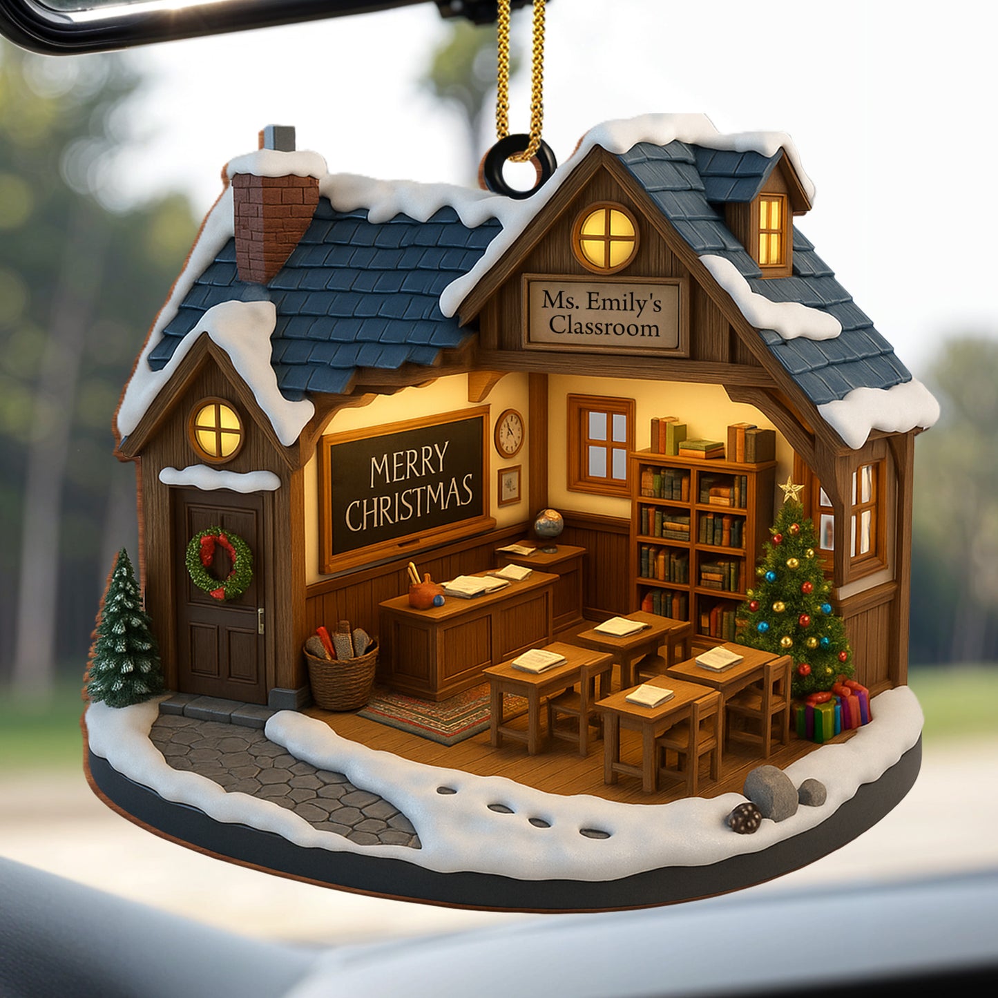Merry Christmas Schoolhouse Ornament With Wreath And Tree