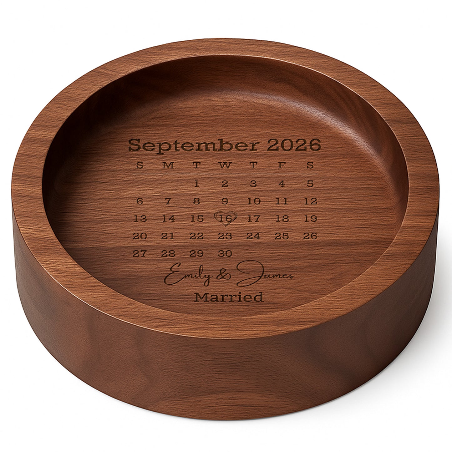 Married Custom Calendar Heart Personalized Round Wood Ring Dish - Personalized Round Wood Ring Dish - WEDD023_RWOD