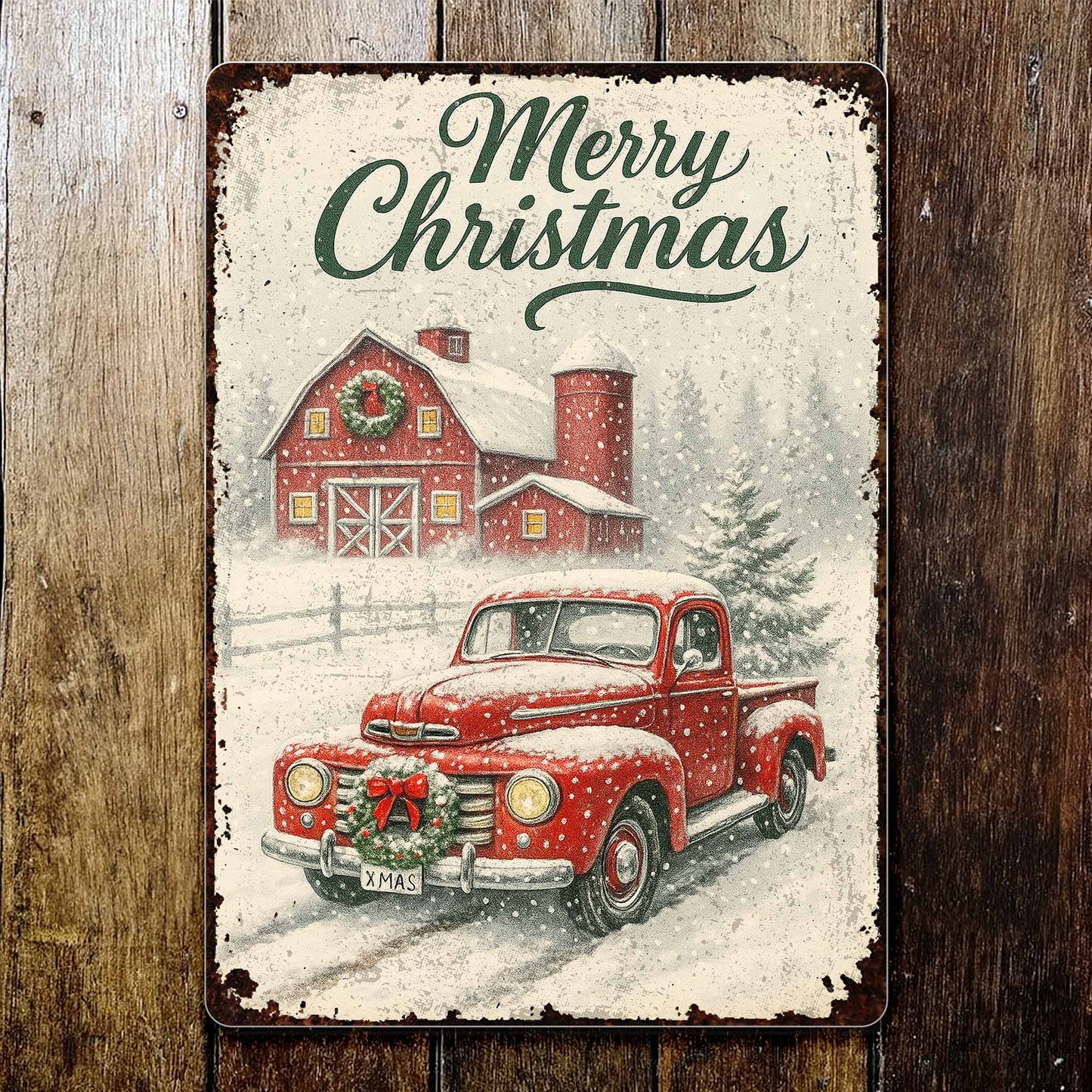 Merry Christmas Vintage Truck and Snowy Barn Scene