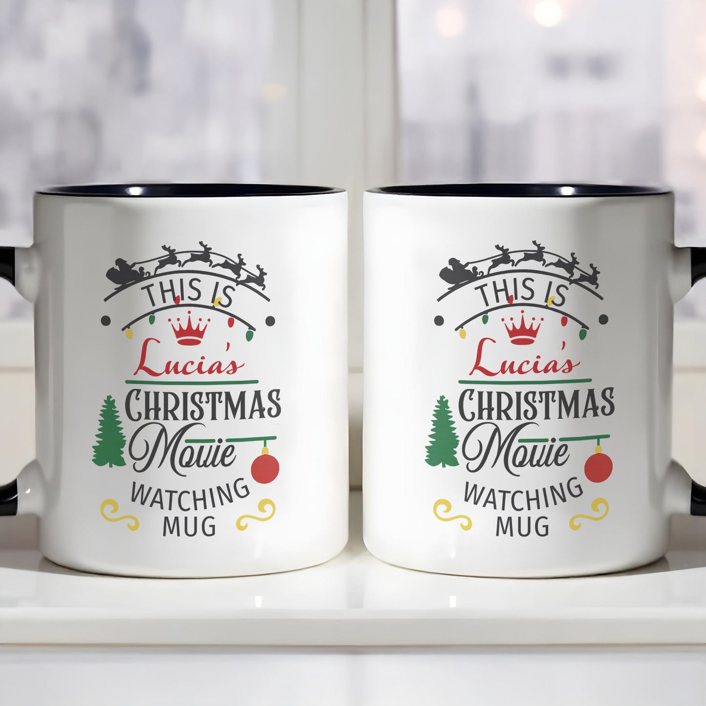 Christmas Movie Watching Mug With Tree, Sleigh, Ornament