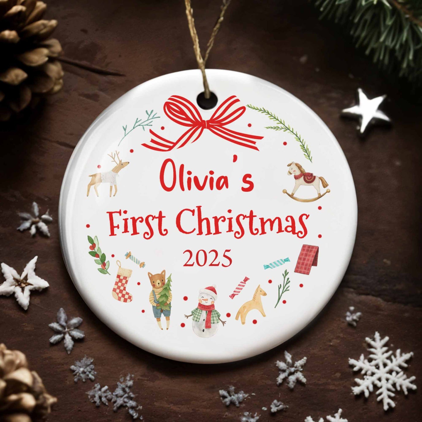 First Christmas With Reindeer, Rocking Horse, and Snowman