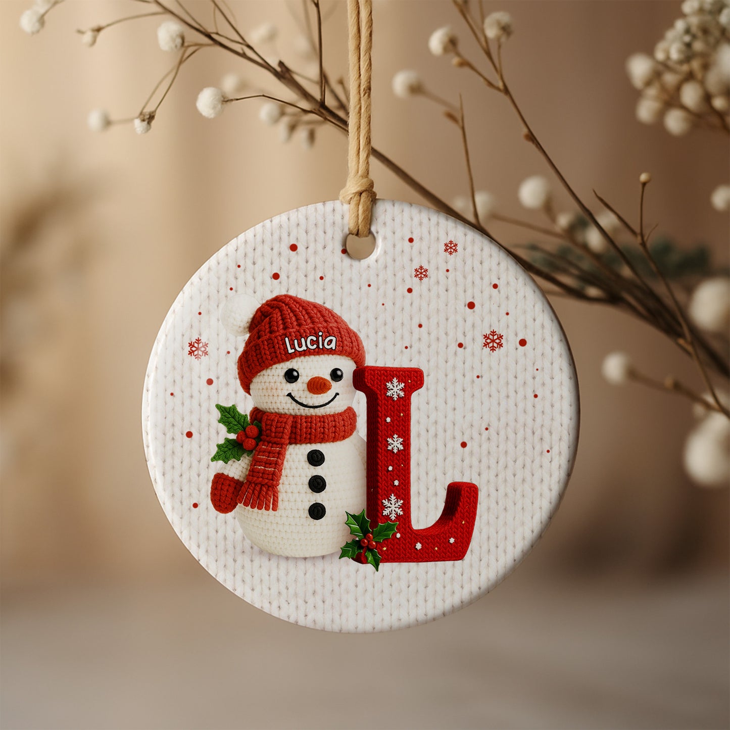 Personalized Snowman Ornament, Holly And Snowflakes