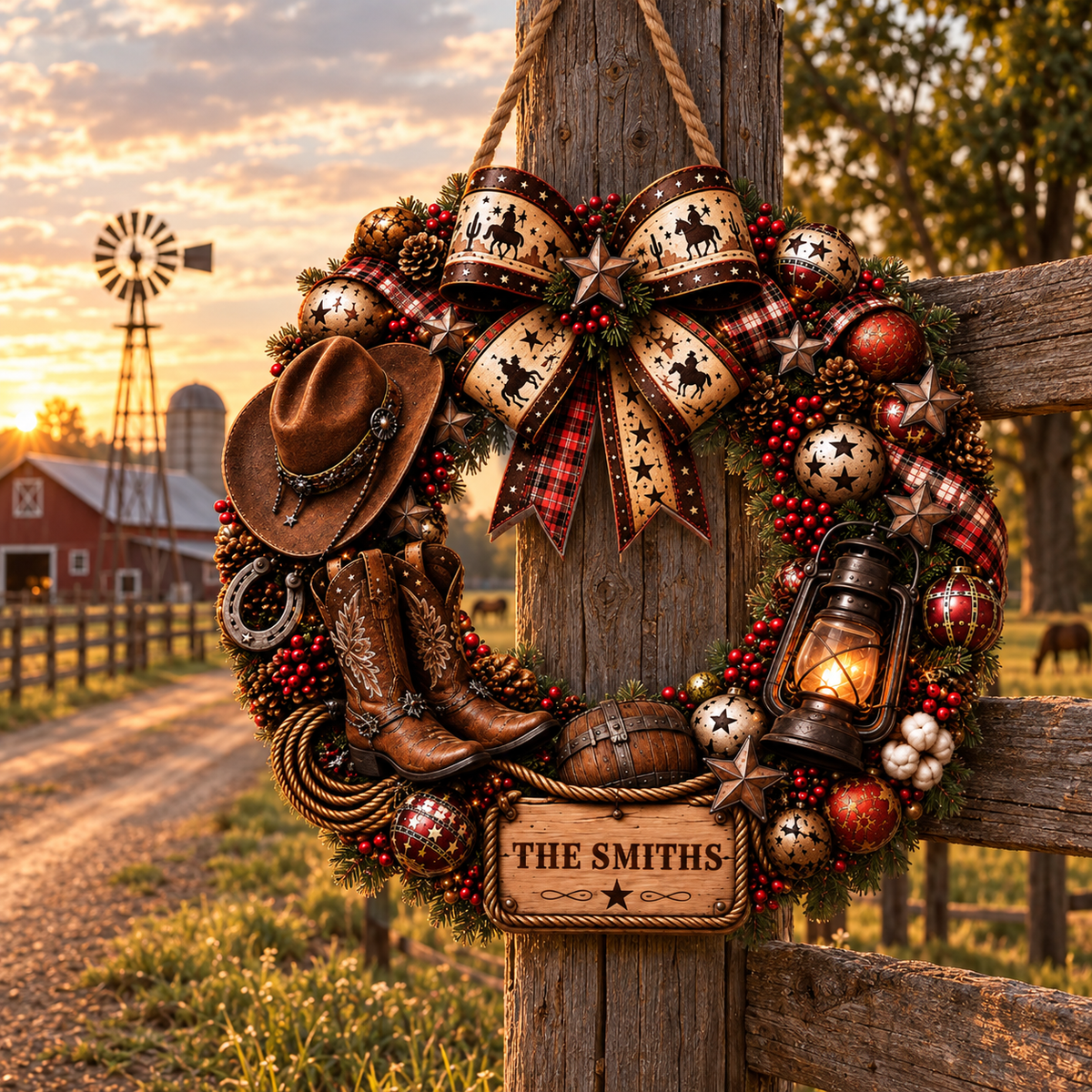 Custom Family Name Cowboy Boots And Hat Christmas Wreath - Personalized Custom Shaped Wood Sign - XMAS271_WSIGN