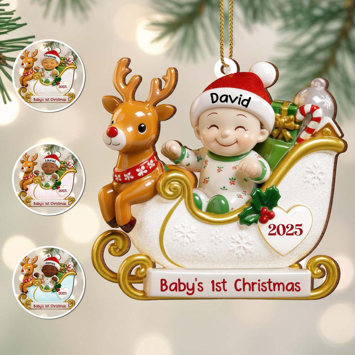 Primera Navidad del bebé con reno y trineo - Adorno de madera personalizado, forma personalizada - KID190_WDO