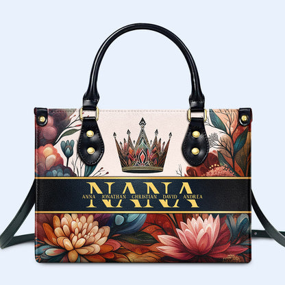 Bolso de mano de cuero personalizado con nombre de niño personalizado con diseño floral - Madre, mamá, abuela, nana - FM015_HB