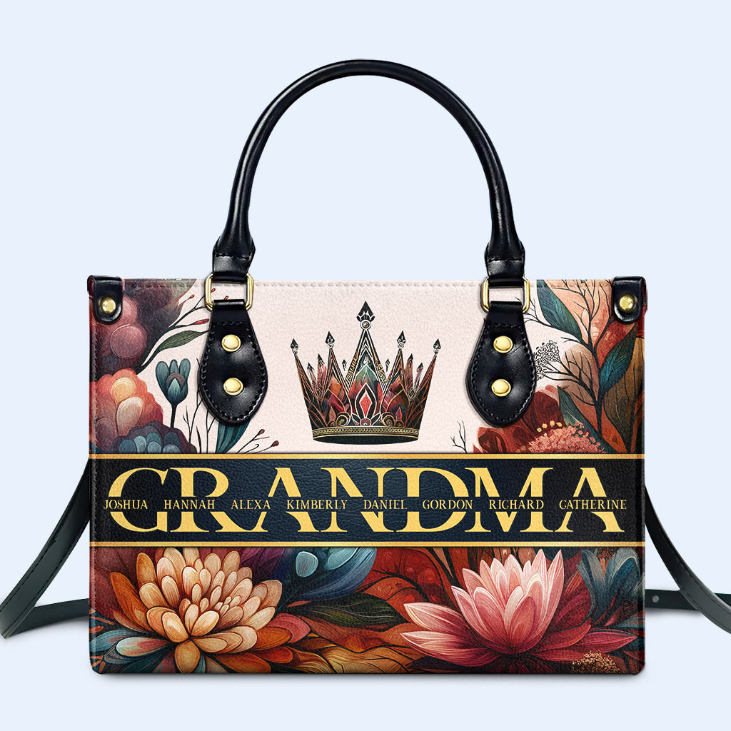 Bolso de mano de cuero personalizado con nombre de niño personalizado con diseño floral - Madre, mamá, abuela, nana - FM015_HB