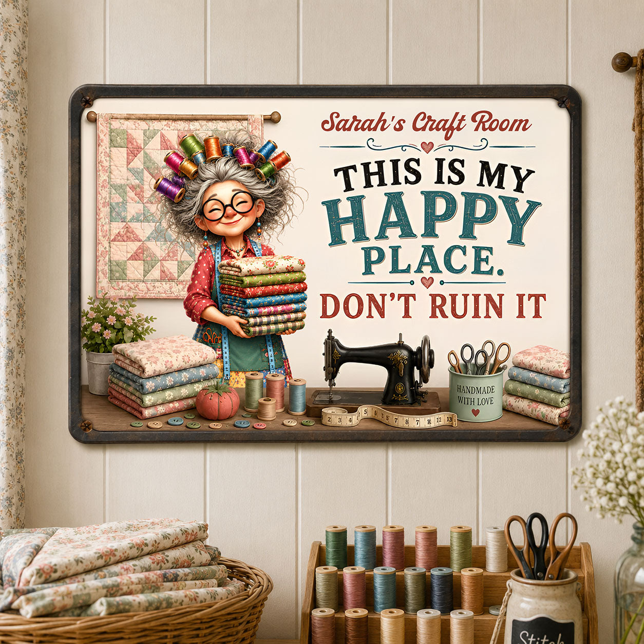 My Craft Room This Is My Happy Place Sewing Machine And Fabrics - Personalized Metal Sign - HAND101_MSIGN
