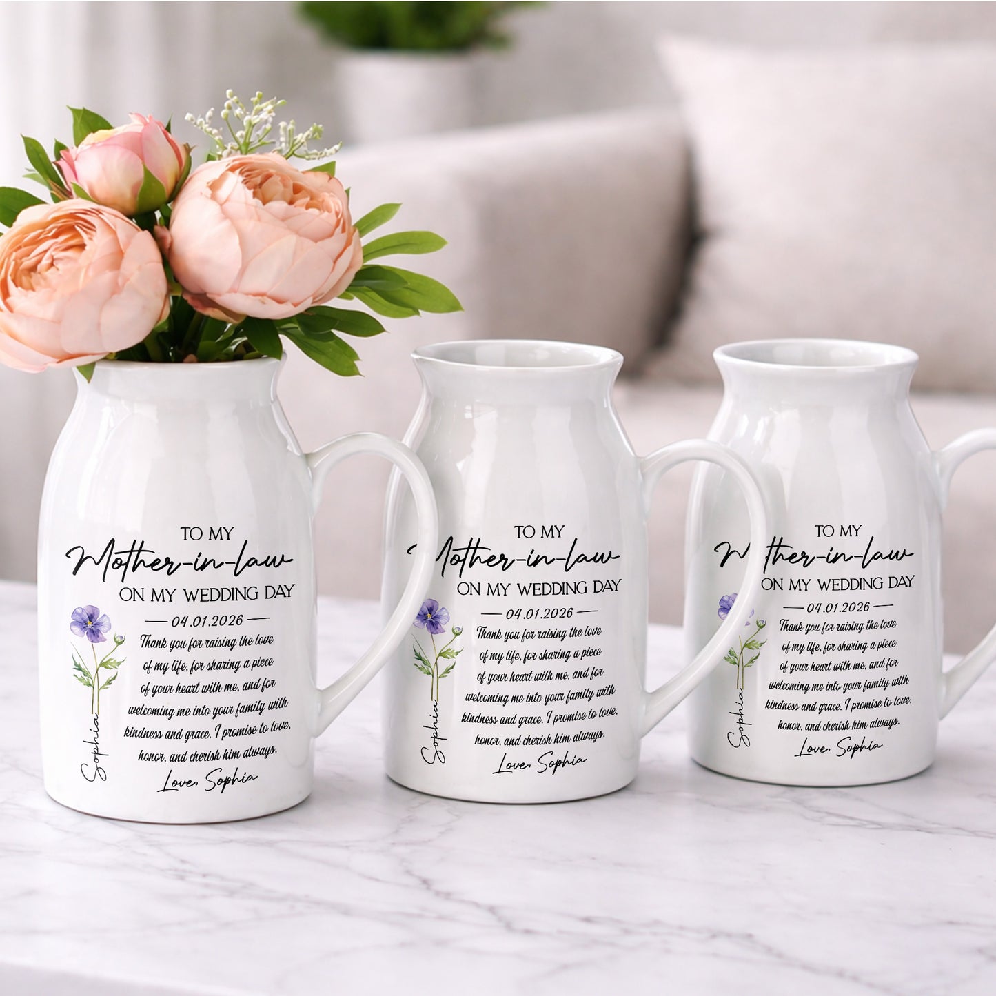 To My Mother In Law On My Wedding Day Custom Birth Month Flowers - Personalized Ceramic Flower Vase - MOLA010_CEV