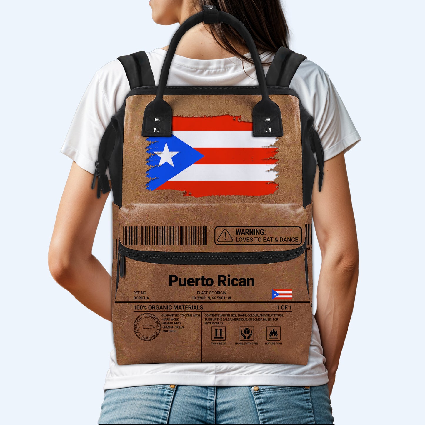 Información nutricional de Puerto Rico: mochila de viaje personalizada con forma de pico de pato - LA037_DKB