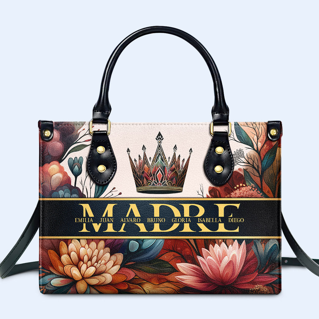 Bolso de mano de cuero personalizado con nombre de niño personalizado con diseño floral - Madre, mamá, abuela, nana - FM015_HB