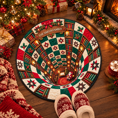 Our Family Santa Claus 3D Illusion Bookshelf And Quilt Pattern - Personalized Custom Shaped Doormat - XMAS407_CUDOR