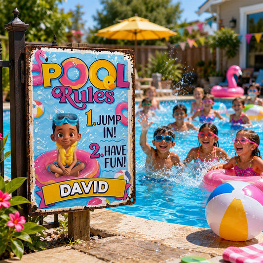 Pool Rules Jump In Have Fun Kid In Flamingo Float - Personalized Metal Sign - KID814_MSIGN