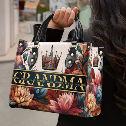 Bolso de mano de cuero personalizado con nombre de niño personalizado con diseño floral - Madre, mamá, abuela, nana - FM015_HB