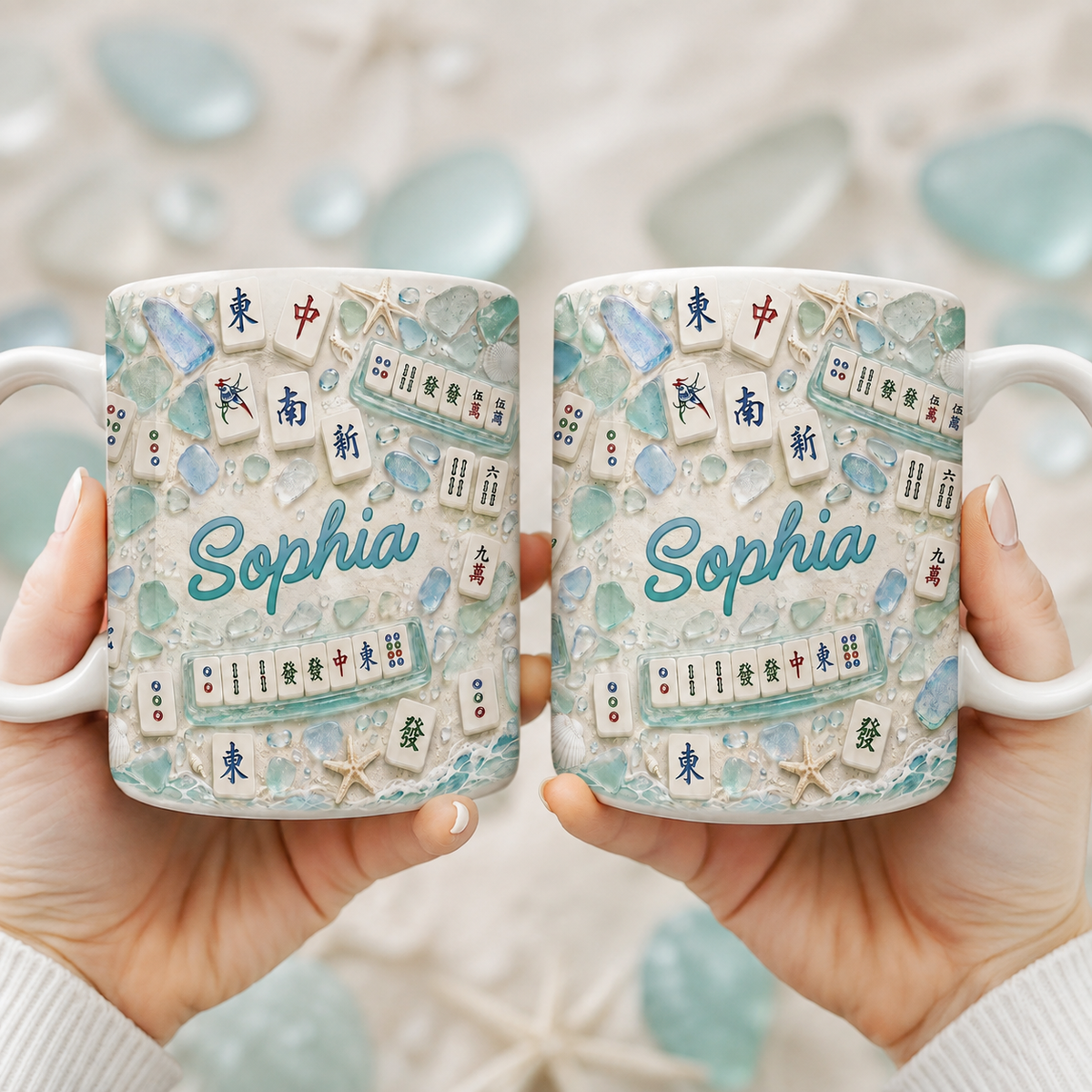 Mahjong With My Girls Beach Sea Glass Tiles And Starfish - Personalized Custom Coffee Mug - HOB327_MG