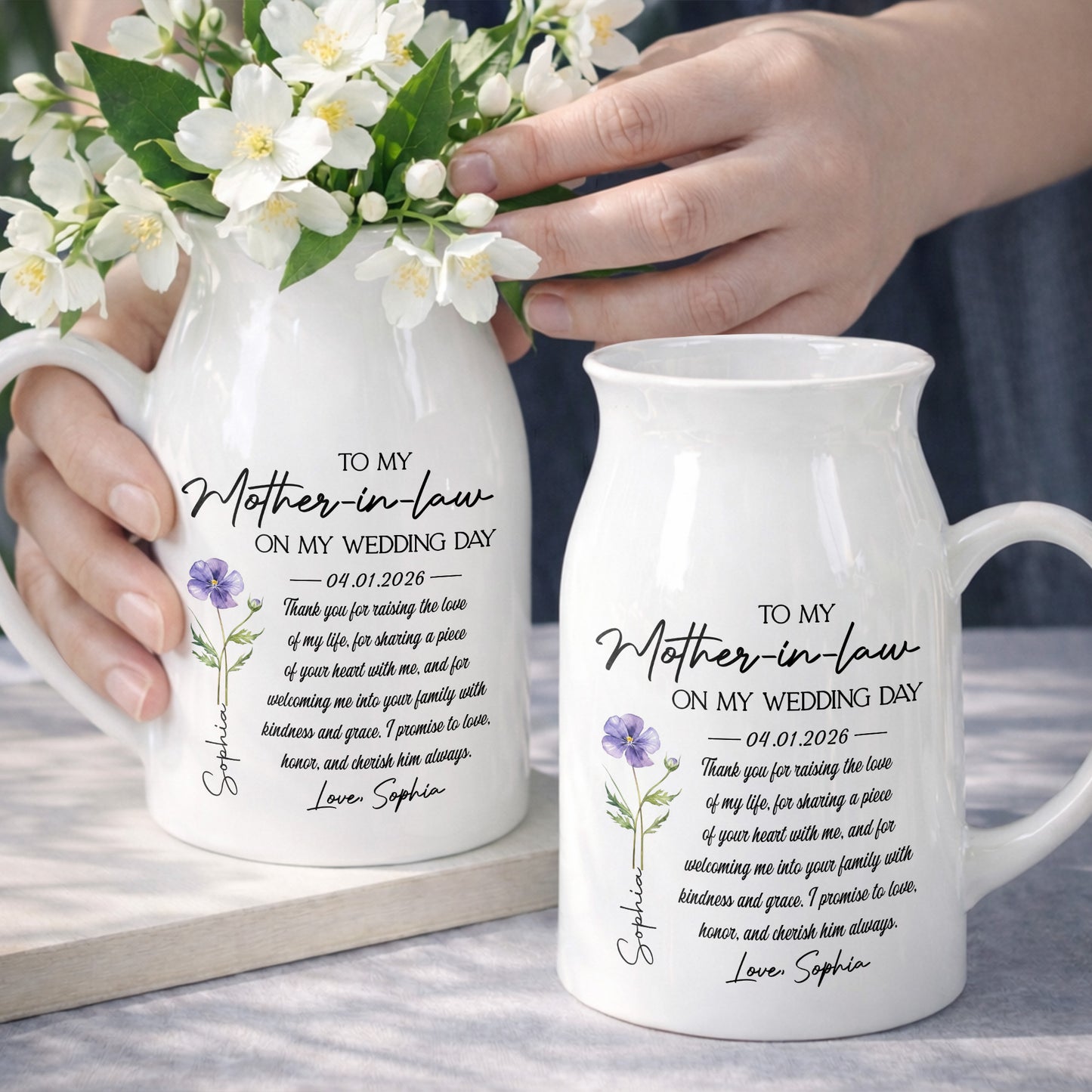 To My Mother In Law On My Wedding Day Custom Birth Month Flowers - Personalized Ceramic Flower Vase - MOLA010_CEV