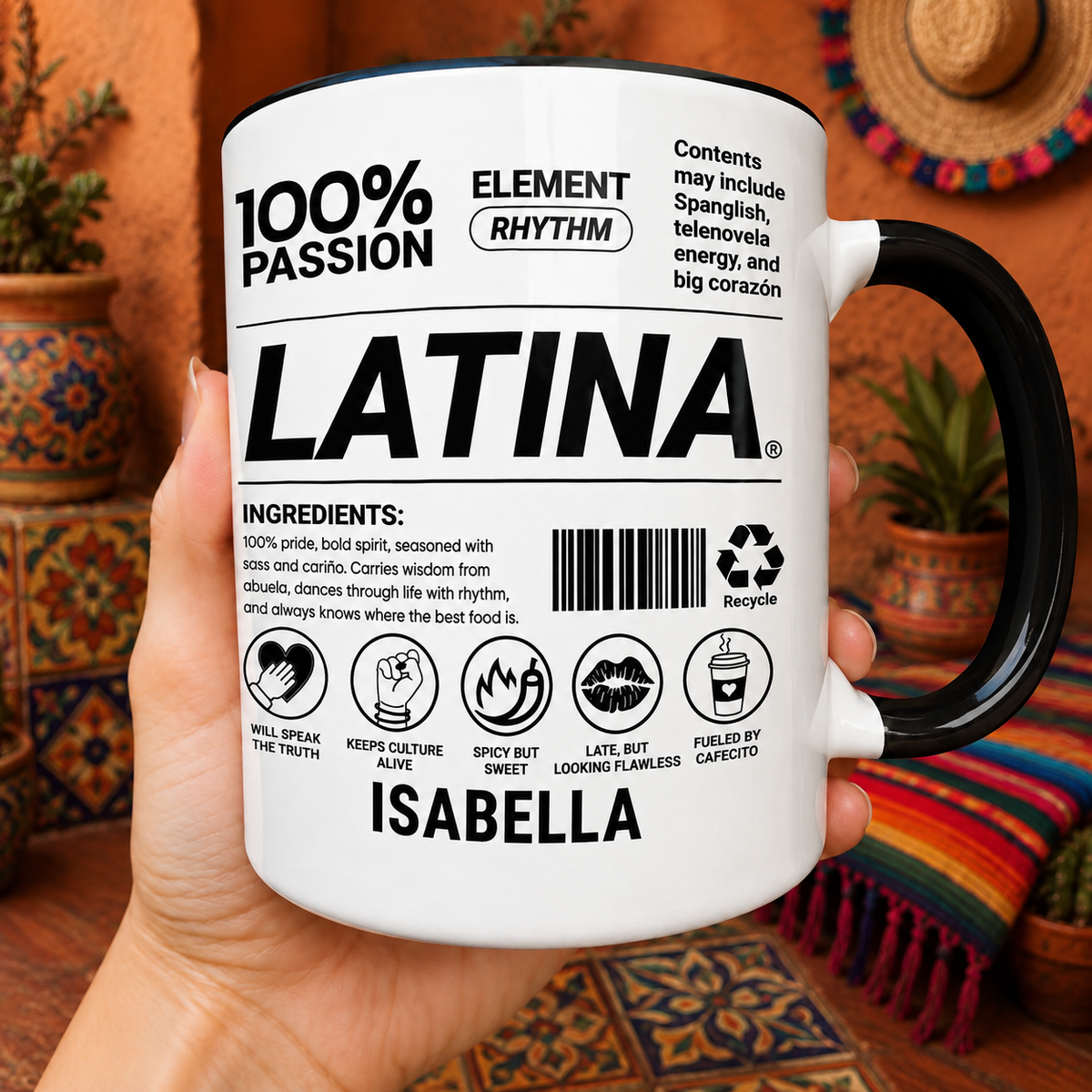 100 Percent Passion Latina Nutrition Facts Ingredients With Lips And Chili Pepper - Personalized Custom Accent Mug - HSP029_AMUG