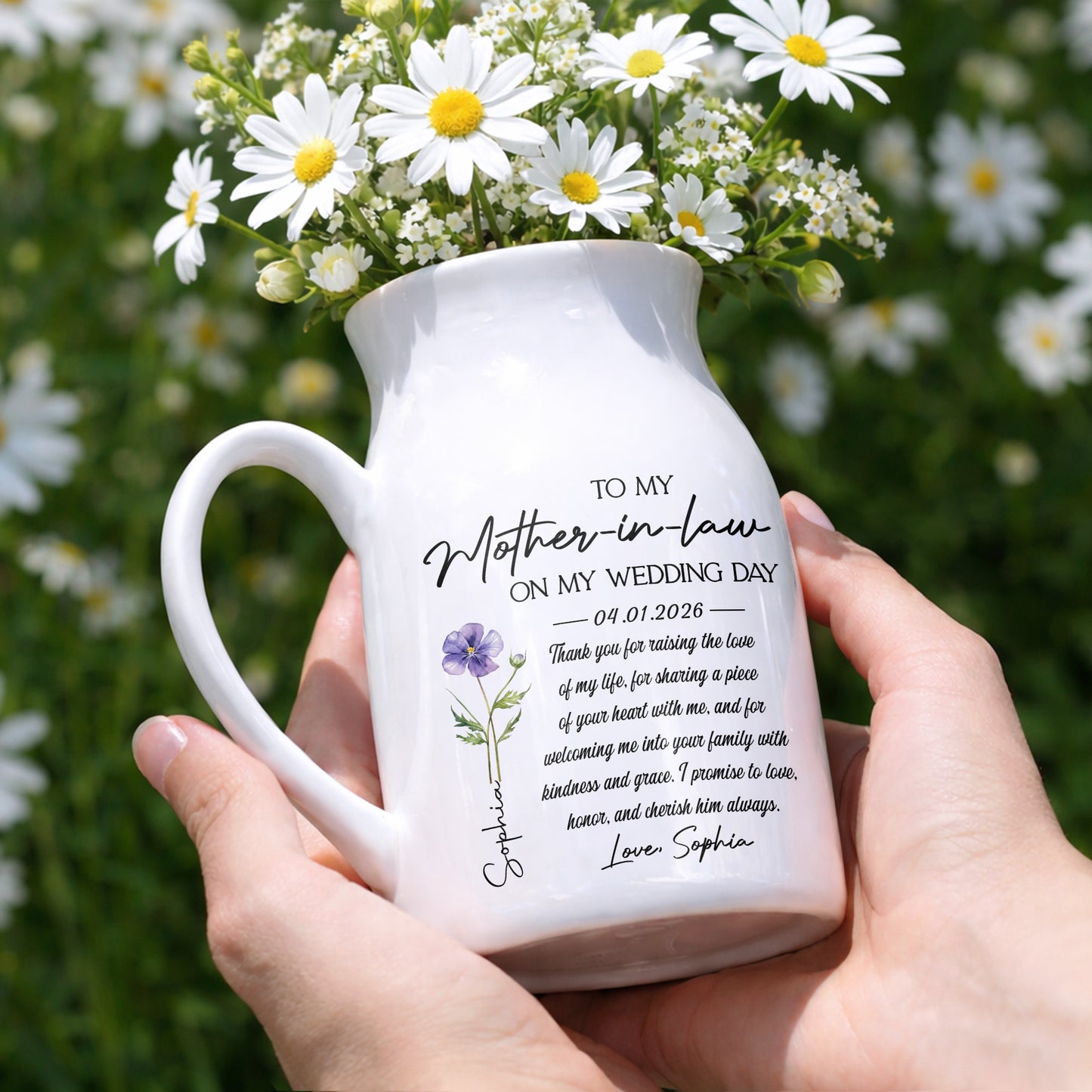 To My Mother In Law On My Wedding Day Custom Birth Month Flowers - Personalized Ceramic Flower Vase - MOLA010_CEV