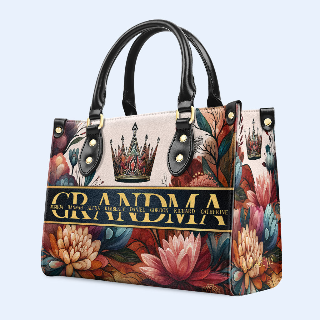 Bolso de mano de cuero personalizado con nombre de niño personalizado con diseño floral - Madre, mamá, abuela, nana - FM015_HB