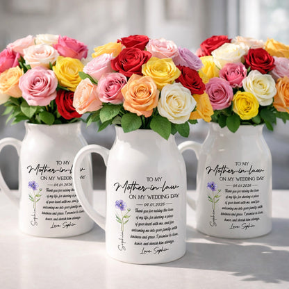 To My Mother In Law On My Wedding Day Custom Birth Month Flowers - Personalized Ceramic Flower Vase - MOLA010_CEV