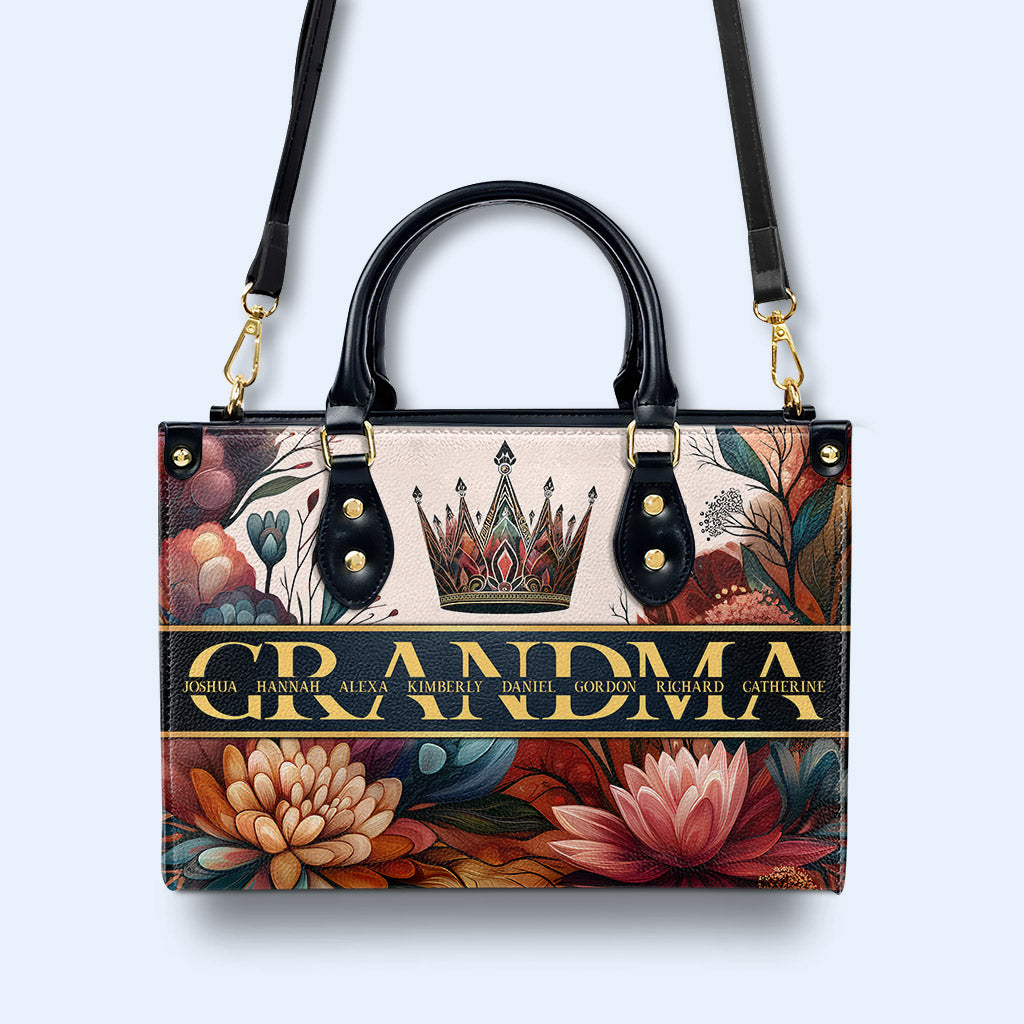 Bolso de mano de cuero personalizado con nombre de niño personalizado con diseño floral - Madre, mamá, abuela, nana - FM015_HB