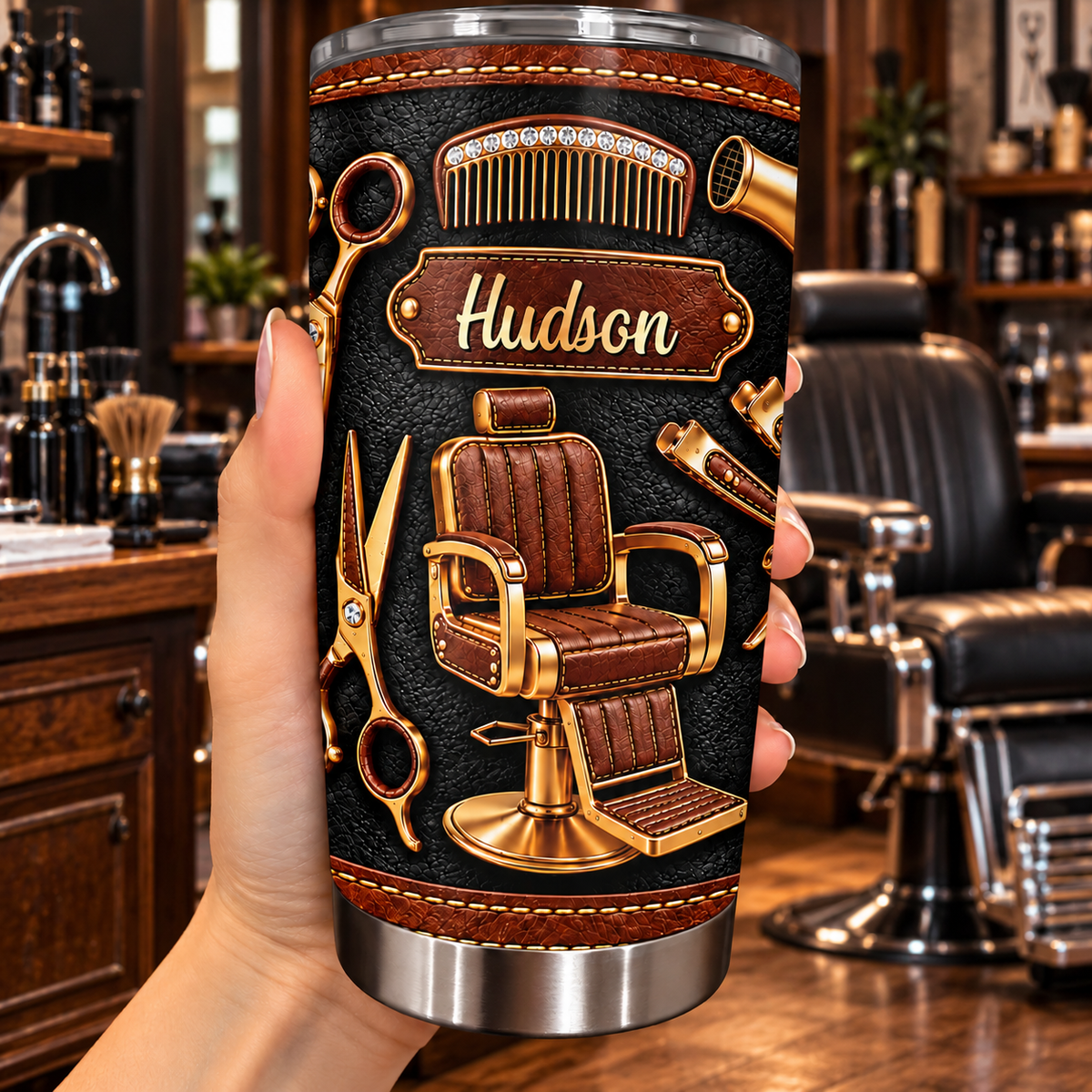 A Master Of The Craft Barber Chair And Tools 3D Leather Style - Personalized Custom Stainless Steel Tumbler 20oz - HAIR213_USTUM
