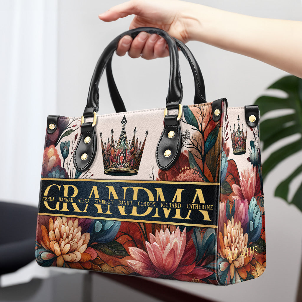 Bolso de mano de cuero personalizado con nombre de niño personalizado con diseño floral - Madre, mamá, abuela, nana - FM015_HB