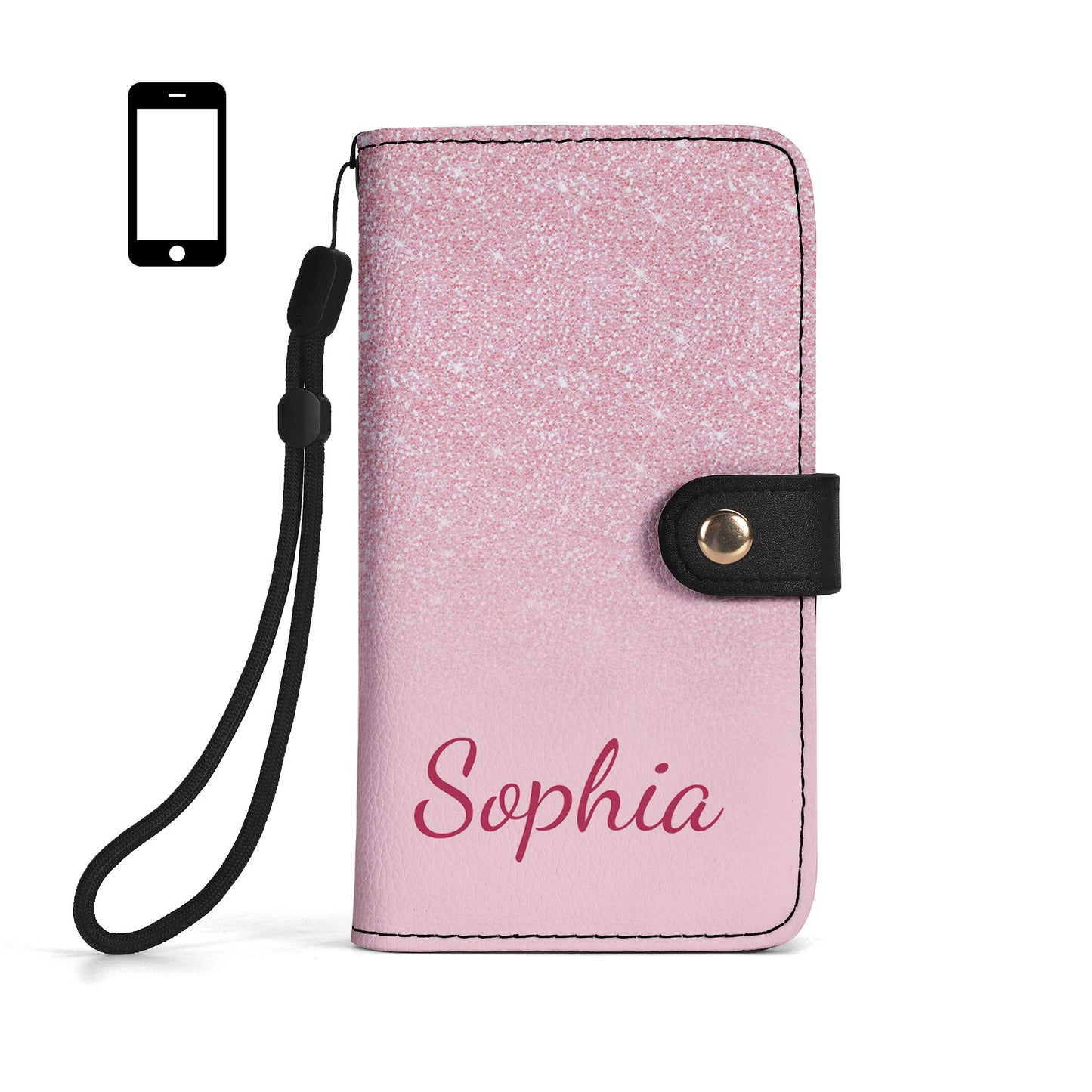 Cartera de cuero personalizada para teléfono con purpurina rosa - A002_PW