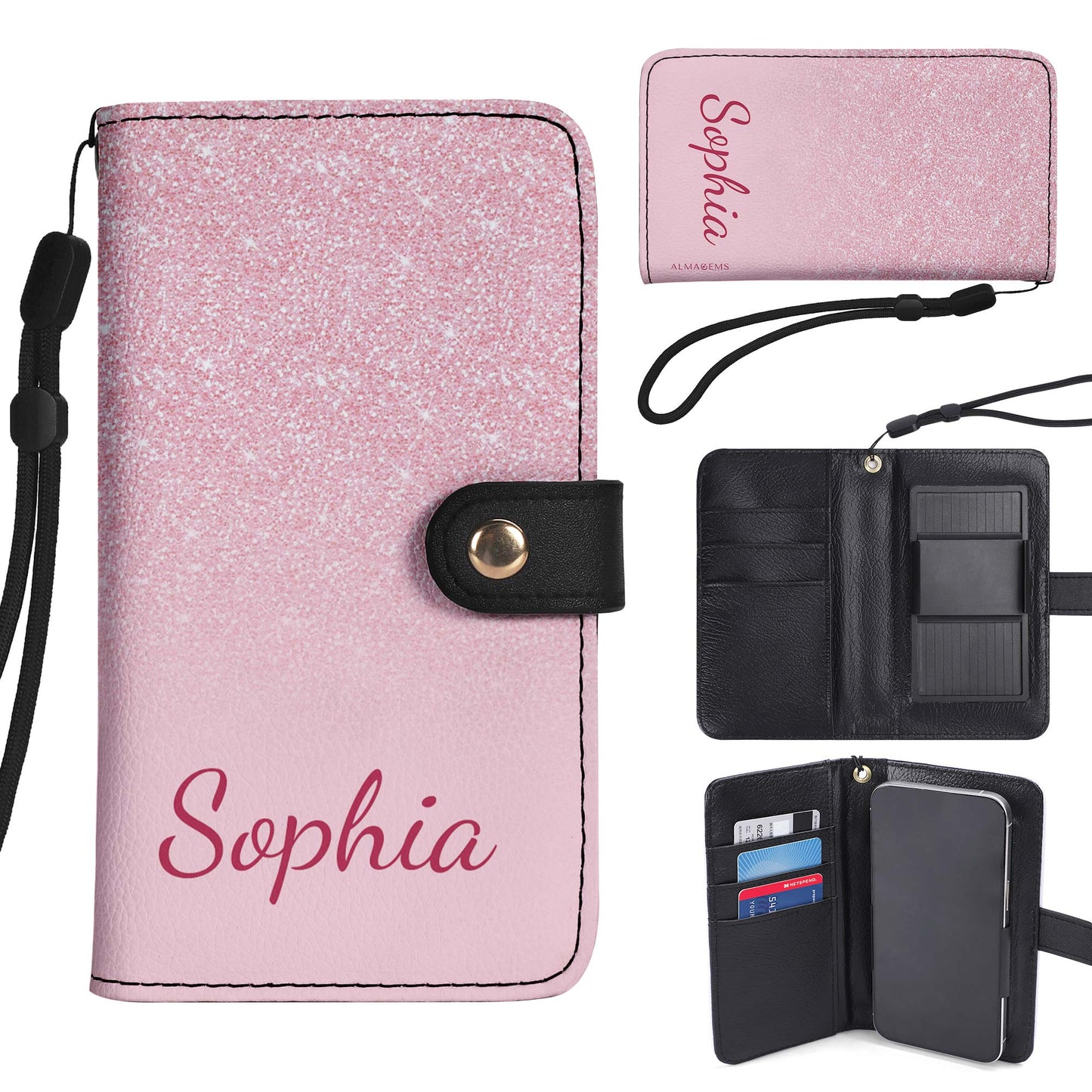 Cartera de cuero personalizada para teléfono con purpurina rosa - A002_PW