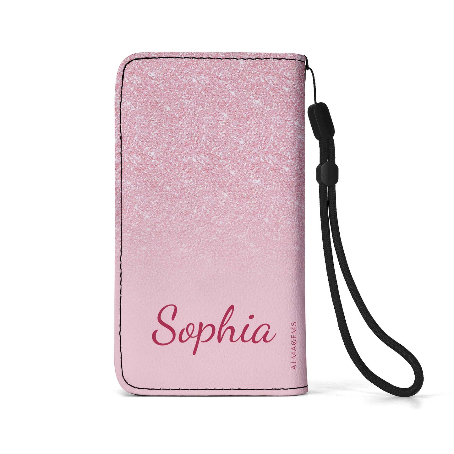 Cartera de cuero personalizada para teléfono con purpurina rosa - A002_PW