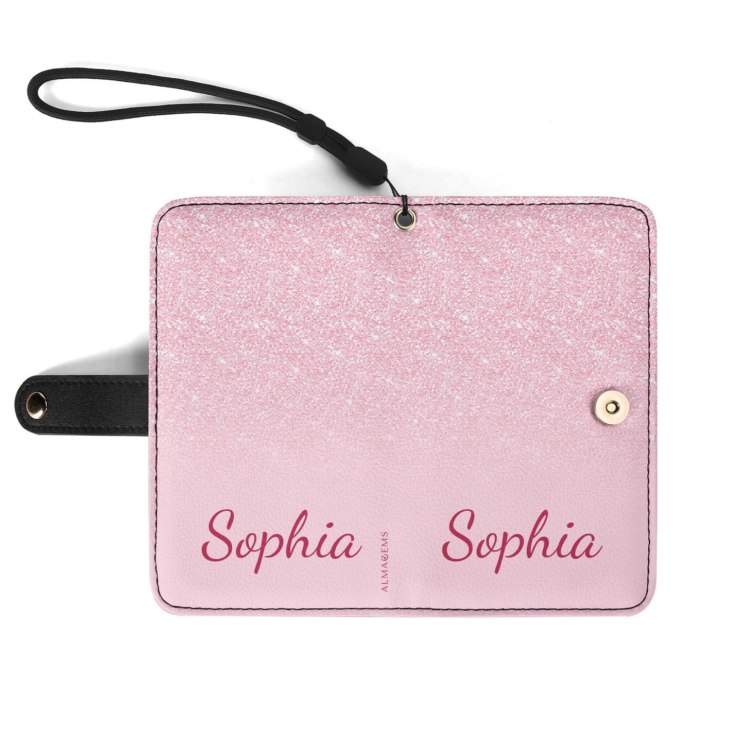 Cartera de cuero personalizada para teléfono con purpurina rosa - A002_PW