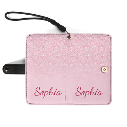 Cartera de cuero personalizada para teléfono con purpurina rosa - A002_PW