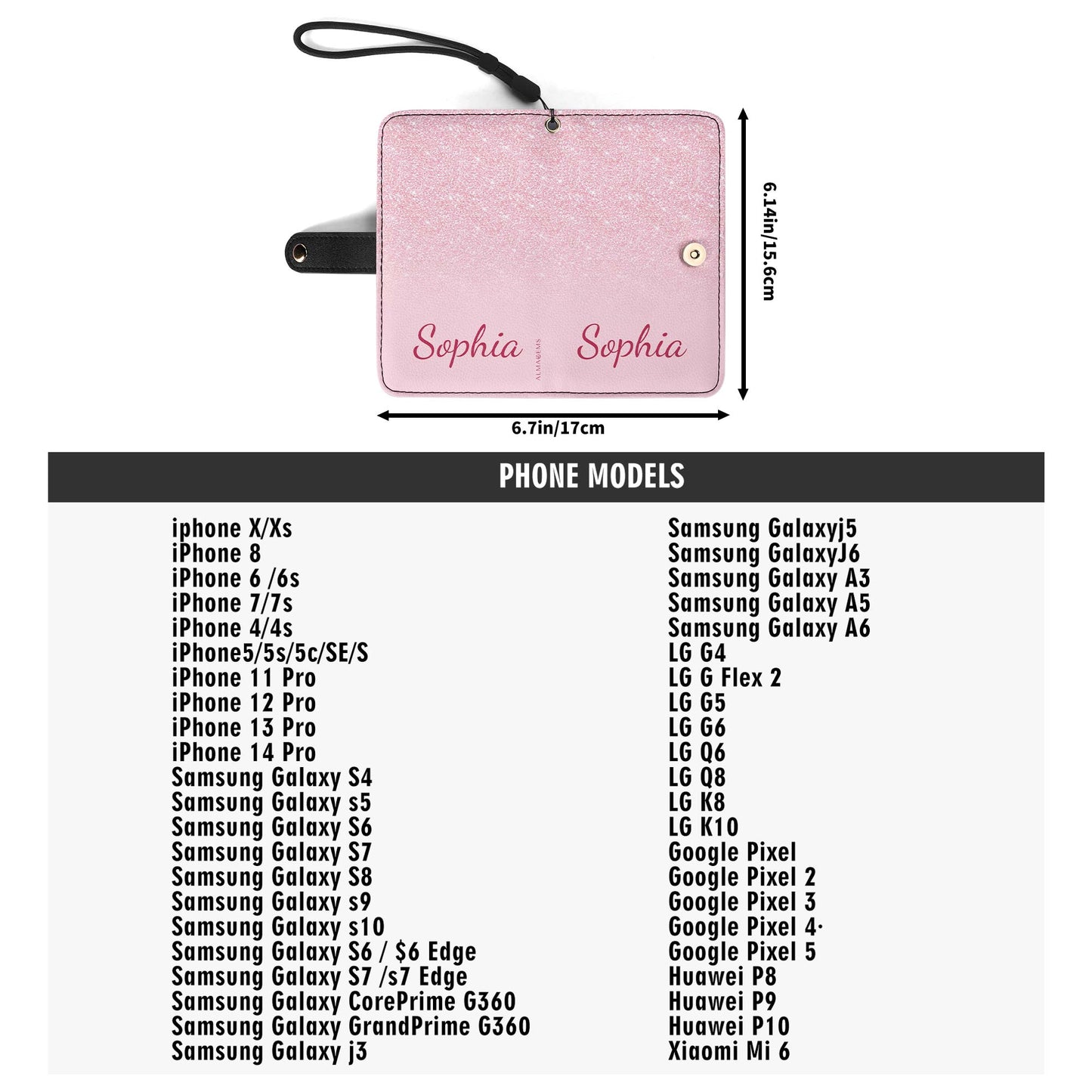 Pink Glitter - Personalized Custom Phone Leather Wallet - A002_PW