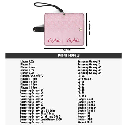 Cartera de cuero personalizada para teléfono con purpurina rosa - A002_PW