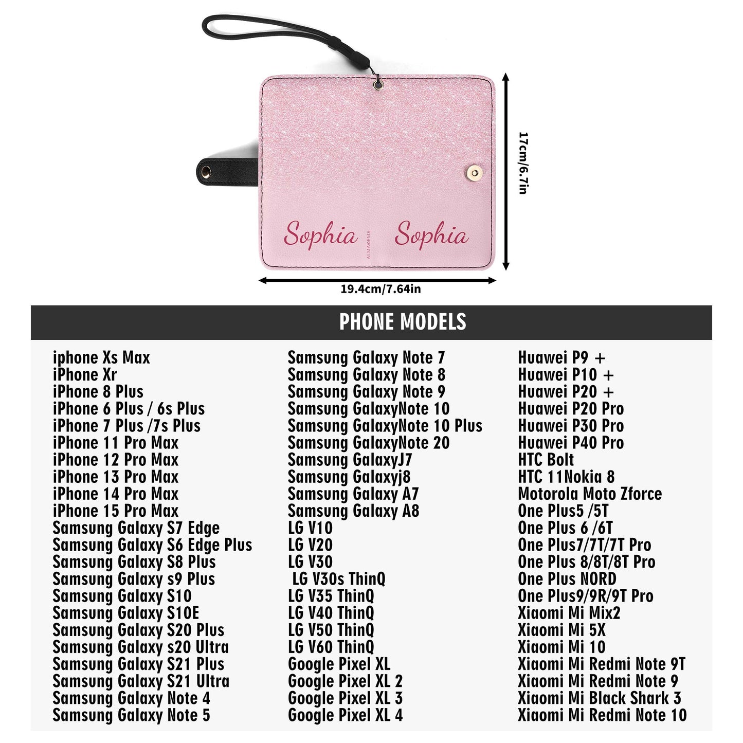 Cartera de cuero personalizada para teléfono con purpurina rosa - A002_PW