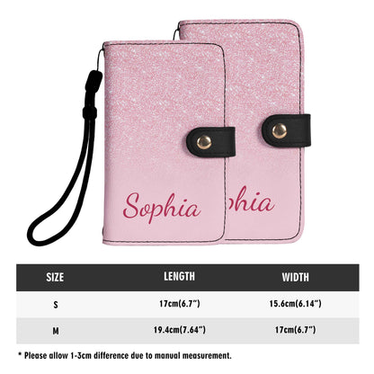 Cartera de cuero personalizada para teléfono con purpurina rosa - A002_PW