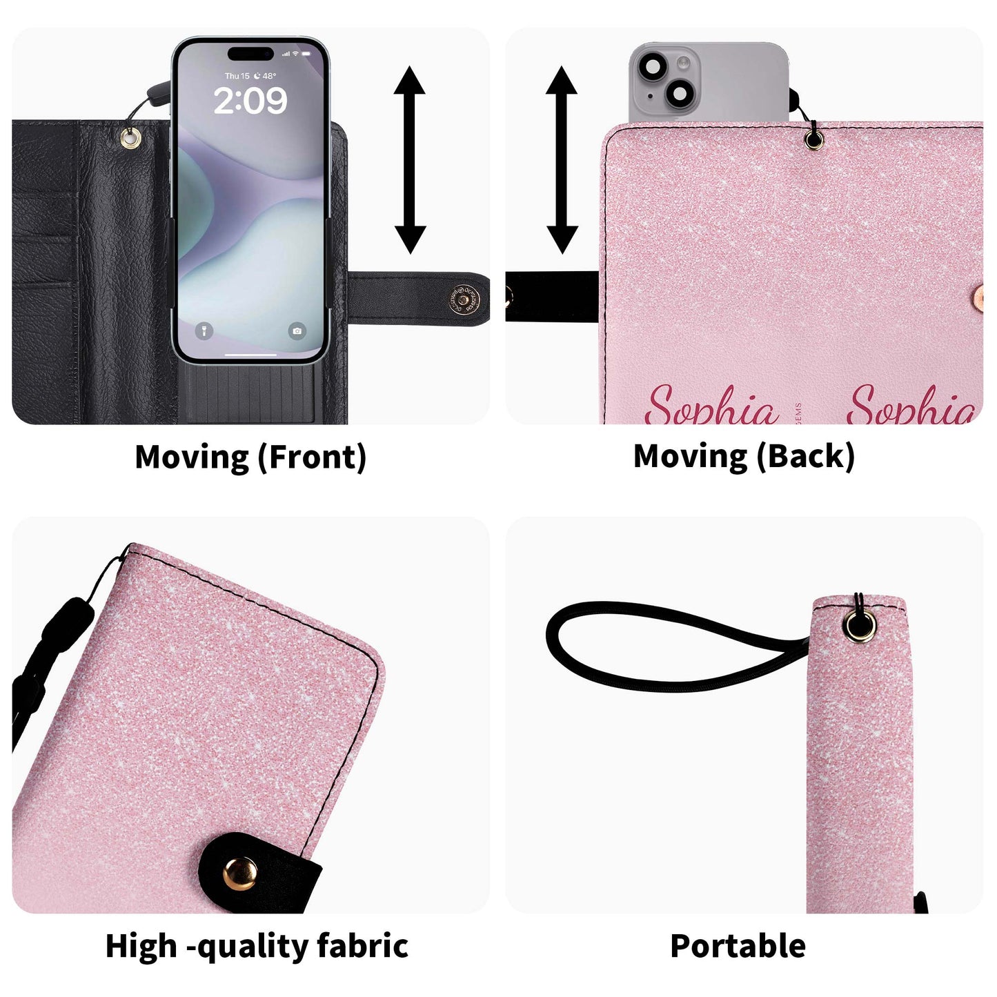 Pink Glitter - Personalized Custom Phone Leather Wallet - A002_PW