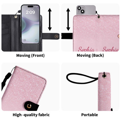 Cartera de cuero personalizada para teléfono con purpurina rosa - A002_PW