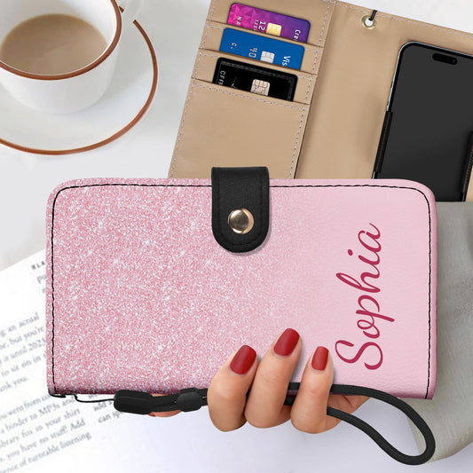 Pink Glitter - Personalized Custom Phone Leather Wallet - A002_PW