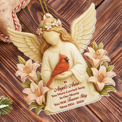 In Angel's Arms, You Were Carried Away, Angel And Cardinal - Personalized Custom Acrylic Ornament, Christmas Gift - HME403_ACO
