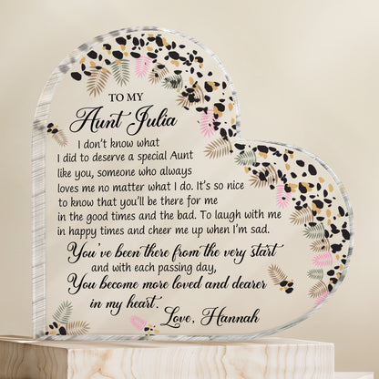 To My Aunt, Special Bond Decor With Leaves And Flowers - Personalized Heart Shaped Acrylic Plaque - AUNT003_HAP