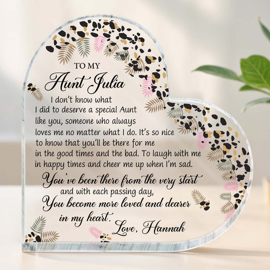 To My Aunt, Special Bond Decor With Leaves And Flowers - Personalized Heart Shaped Acrylic Plaque - AUNT003_HAP