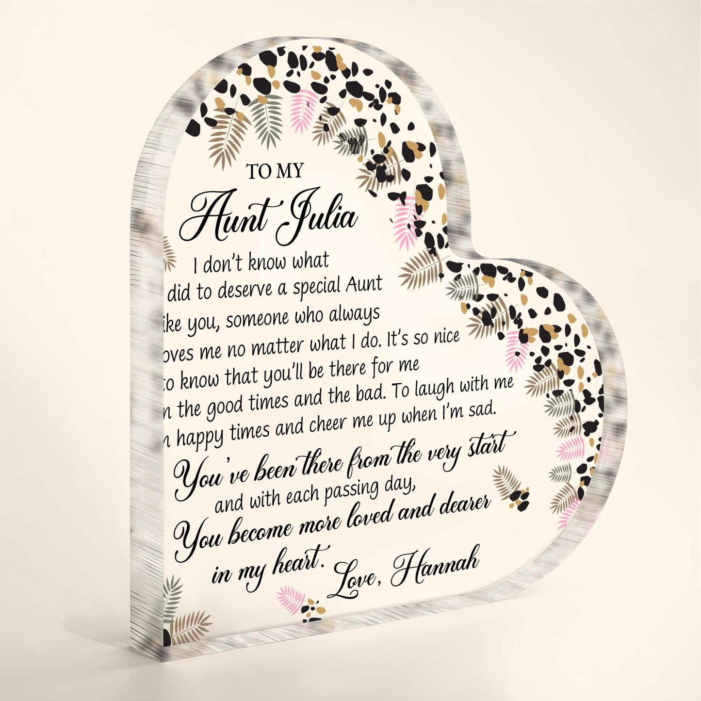 To My Aunt, Special Bond Decor With Leaves And Flowers - Personalized Heart Shaped Acrylic Plaque - AUNT003_HAP