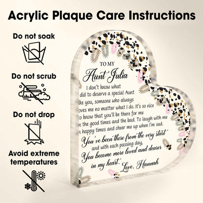 To My Aunt, Special Bond Decor With Leaves And Flowers - Personalized Heart Shaped Acrylic Plaque - AUNT003_HAP