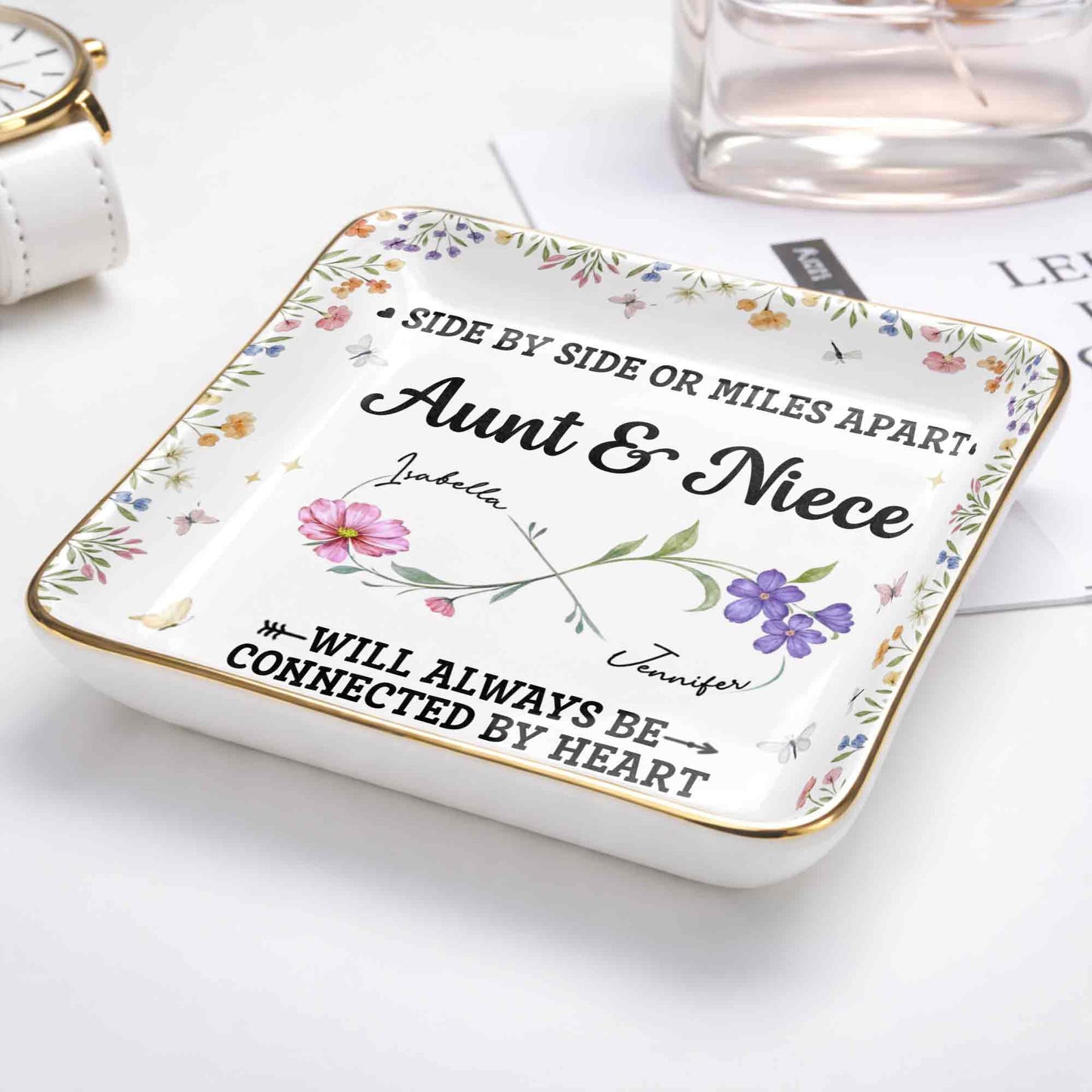 Side By Side Or Miles Apart, Aunt & Niece Connected By Heart, Flowers and Butterflies - Personalized Custom Jewelry Dish, Ceramic Dish, Square Shape - AUNT004_SCRF
