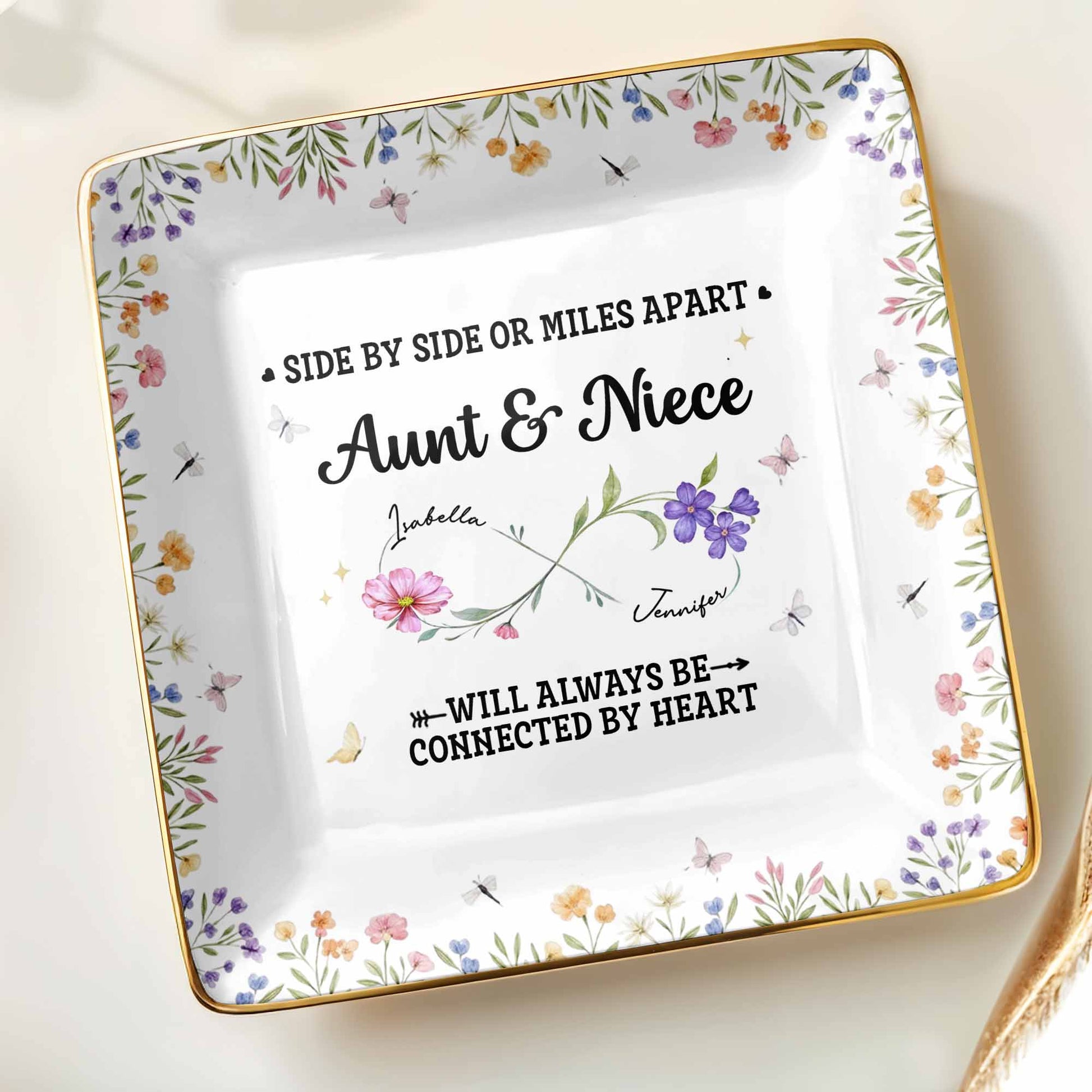 Side By Side Or Miles Apart, Aunt & Niece Connected By Heart, Flowers and Butterflies